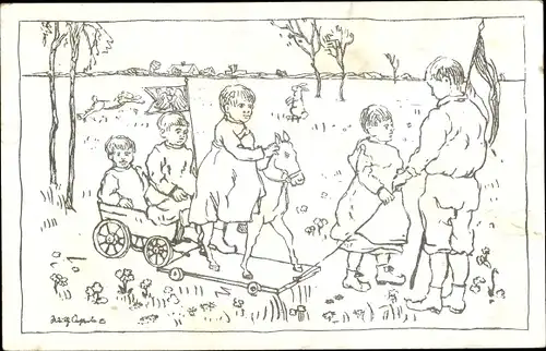 Künstler Ak Kinder, Spielzeugpferd, Verein für Kindervolksküchen und Volkskinderhorte