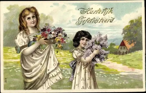 Präge Litho Glückwunsch Geburtstag, Zwei Mädchen mit Blumen