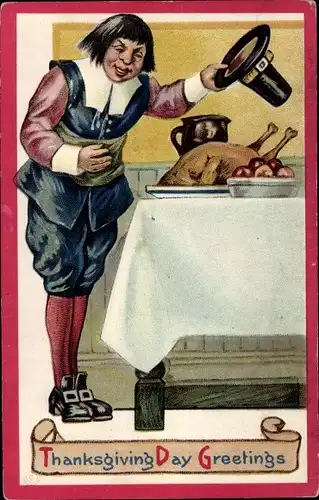 Präge Ak Thanksgiving Day Greetings, Pilgrim, Gedeckte Tafel, Truthahn