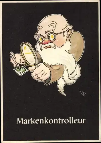 Künstler Ak Moritz, H., Markenkontrolleur, Lustige Gezähekiste, bergmännische Begriffe, Briefmarke