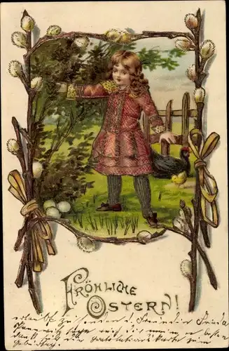 Präge Litho Glückwunsch Ostern, Mädchen, Ostereier, Huhn, Weidenkätzchen