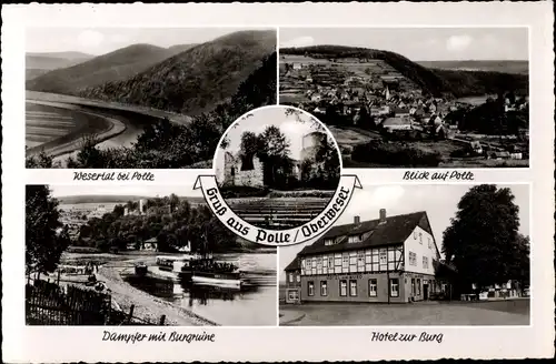 Ak Polle an der Weser in Niedersachsen, Wastertal, Dampfer mit Burgruine, Hotel zur Burg