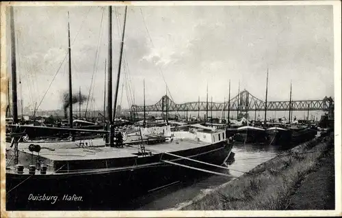 Ak Duisburg im Ruhrgebiet, Hafenpartie, Brücke, Lastkähne