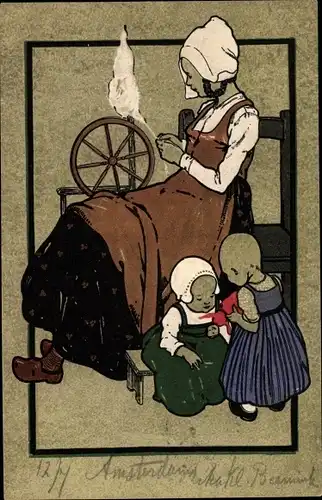 Litho Frau in niederländischer Tracht, Kinder, Spinnrad, Munk 189
