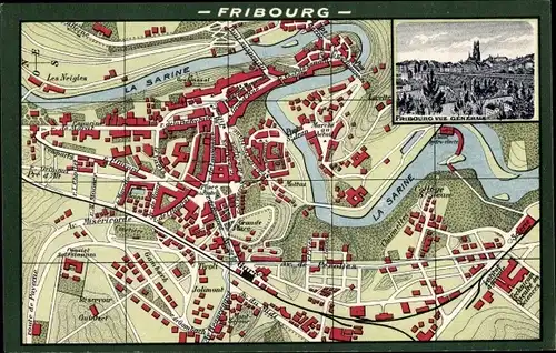 Ak Fribourg Freiburg Stadt Schweiz, Landkarte, Vue Generale
