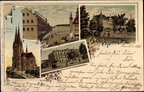 Litho Chemnitz in Sachsen, Bahnhof, Markt, Carola Hotel, Markuskirche