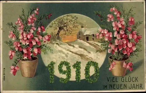 Passepartout Präge Litho Glückwunsch Neujahr, Jahreszahl 1910, Kleeblätter, Haus, Blumen