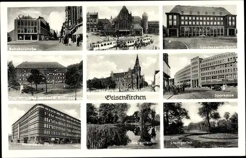 Ak Gelsenkirchen Ruhrgebiet, Hauptbahnhof, Polizeiamt, Hans Sachs Haus, Institut, Bank, Stadtgarten