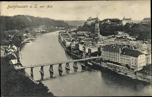 Ak Burghausen an der Salzach Bayern, Panorama mit Ach