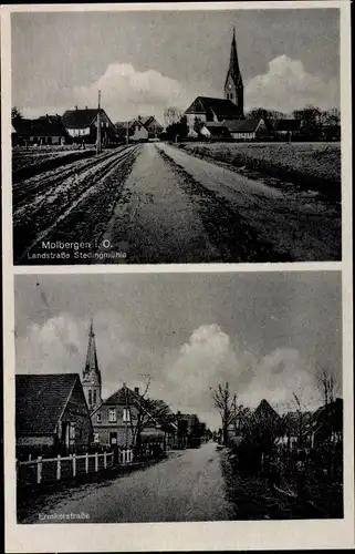 Ak Molbergen, Landstraße Stedingmühle, Emkerstraße, Kirche, Wohnhäuser