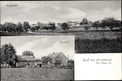 Ak Auschkowitz Burkau Sachsen, Dorfansicht, Blick auf ein Gasthaus, Felder
