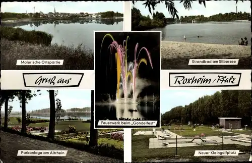 Ak Roxheim Pfalz, Strandbad am Silbersee, Feuerwerk Gondelfest, Kleingolfplatz, Ort