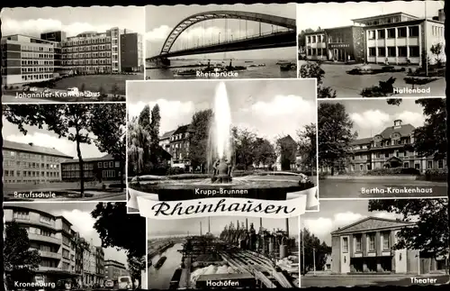 Ak Rheinhausen Duisburg Westfalen, Krankenhaus, Hochöfen, Theater, Kronenburg, Berufsschule