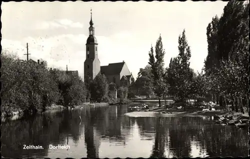 Ak Zeithain Sachsen, Partie am Dorfteich, Kirche