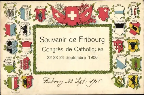 Präge Wappen Ak Fribourg Freiburg Stadt Schweiz, Congrès de Catholiques 1906, Kantonswappen