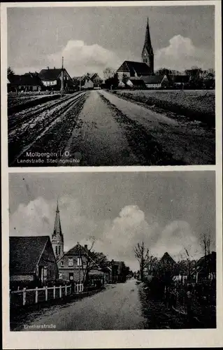 Ak Molbergen, Landstraße Stedingmühle, Emkerstraße, Kirche, Wohnhäuser