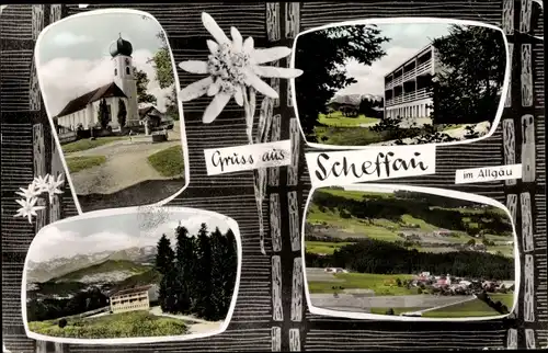 Ak Scheffau Scheidegg im Allgäu, Teilansichten, Kirche, Panorama, Edelweiß