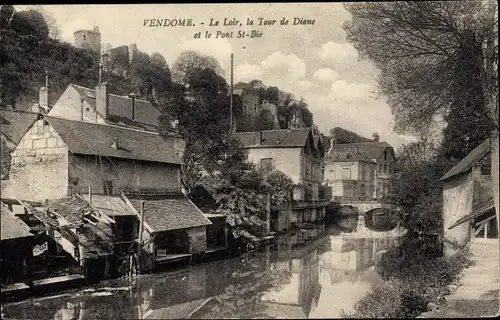 Ak Vendôme Loir et Cher, Le Loir, la Tour de Diane et le Pont St Bie