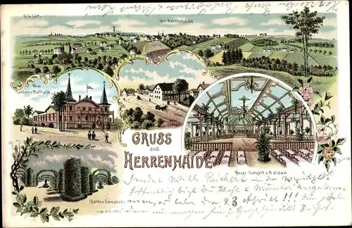 Litho Herrenhaide Burgstädt in Sachsen, Konzerthalle, Garten Sanssouci, Totalansicht
