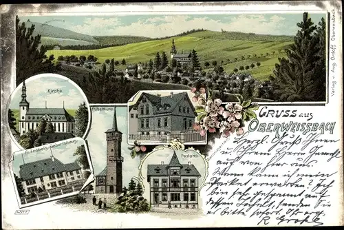 Litho Oberweißbach im Weißbachtal Thüringen, Kirche, Fröbelturm, Geburtshaus, Potsdam