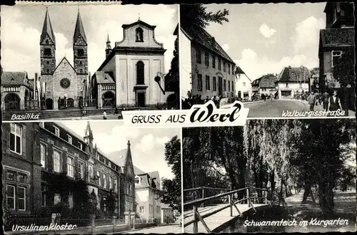 Ak Werl in Westfalen, Basilika, Ursulinenkloster, Schwanenteich im Kurgarten, Walburgisstraße