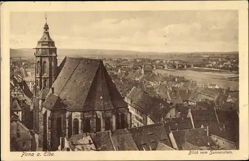 Ak Pirna in Sachsen, Blick vom Sonnenstein auf die Kirche mit Stadt