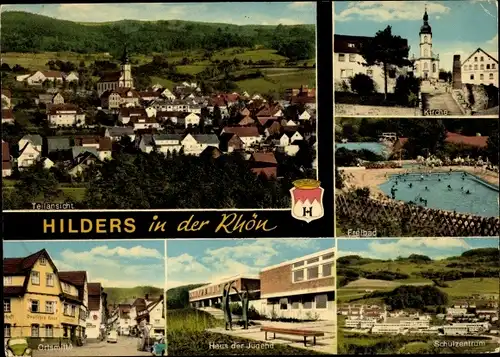 Ak Hilders in der Rhön, Gesamtansicht, Kirche, Freibad, Haus der Jugend, Schulzentrum