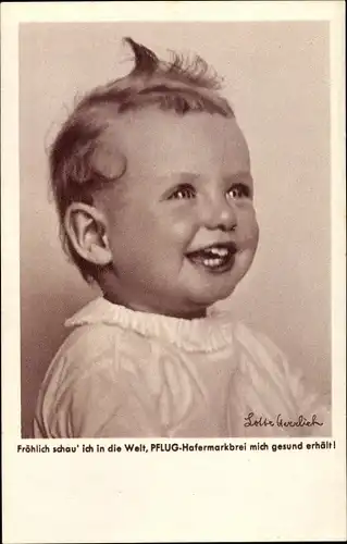 Ak Kinderportrait, Baby, Fotografin Lotte Herrlich, Pflug Hafermehl Reklame