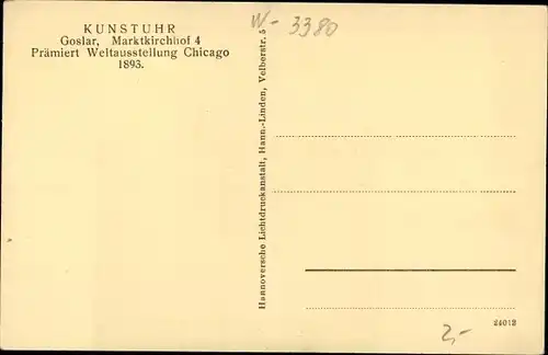 Ak Goslar in Niedersachsen, Kunstuhr, Erbauer, prämiert Weltausstellung Chicago 1893