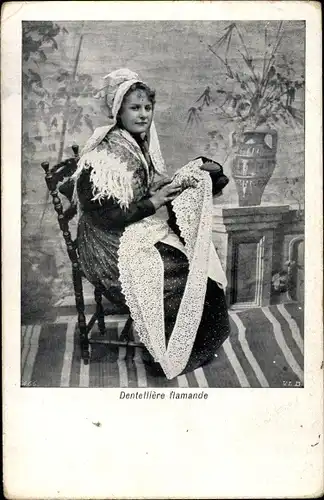 Ak Dentelliere flamande, Portrait, flämische Tracht, Klöppeln