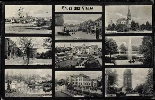 Ak Viersen in Nordrhein Westfalen, Rathausplatz, Kriegerdenkmal, Kais. Postamt, Bismarcksäule