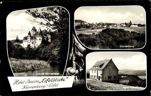 Ak Kürrenberg Mayen in Rheinland Pfalz, Hotel Pension Eifelblick und Schloss Bürresheim