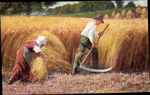 Künstler Ak Bauern bei der Getreideernte, Sense, Landwirtschaft