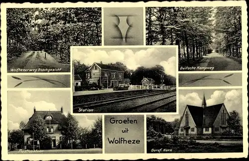 Ak Wolfheze Gelderland Niederlande, Postkantoor, Geref. Kerk, Station