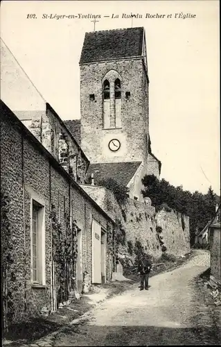 Ak Saint Leger en Yvelines, La Rue du Rocher et l'Eglise