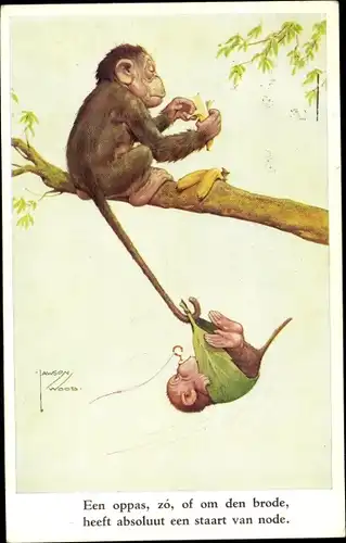 Künstler Ak Wood, Lawson, vermenschlichte Affen, Vater mit Affenkind