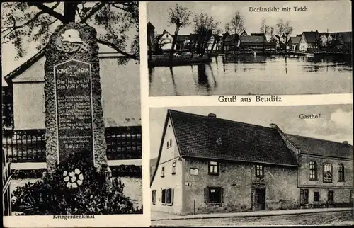 Ak Beuditz Kabelsketal Saalekreis, Gasthof, Dorfansicht, Teich, Kriegerdenkmal
