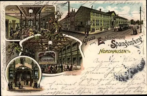 Litho  Nordhausen am Harz, Etablissement Spangenberg, Restaurantsaal, Konzertsaal, Haupteingang