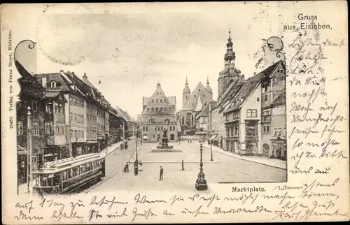 Ak Lutherstadt Eisleben, Marktplatz, Straßenbahn