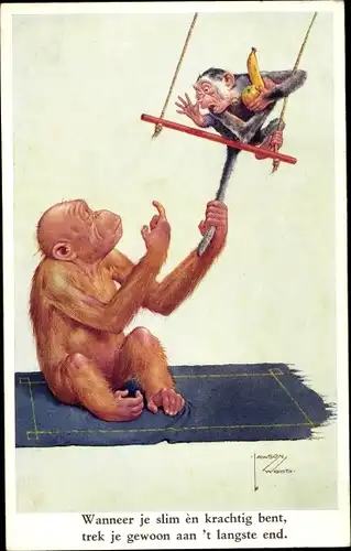 Künstler Ak Wood, Lawson, Affe zieht kleinen Affen am Schwanz, Banane