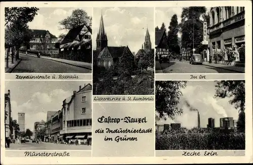 Ak Castrop Rauxel im Ruhrgebiet, Lutherkirche u. St. Hambertus, Zeche Erin, Münsterstraße