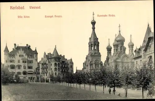 Ak Karlovy Vary Karlsbad Stadt, Westend, Russische Kirche, Villa Ritter, Hospiz