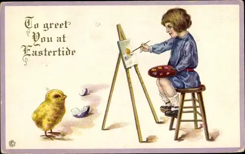 Präge Ak Glückwunsch Ostern, Küken, Kind als Maler, Staffelei