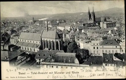 Ak Bâle Basel Stadt Schweiz, Totalansicht mit Münster und Rhein