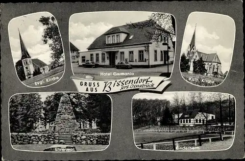 Ak Bissendorf in Niedersachsen, Evgl. Kirche, Ehrenmal, Kath. Kirche