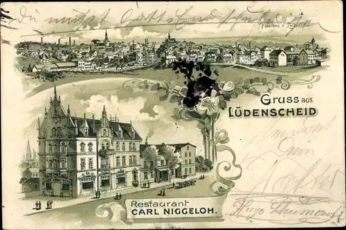 Litho Lüdenscheid im Märkischen Kreis, Restaurant Carl Niggeloh, Blick auf den Ort