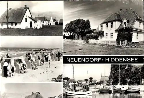 Ak Neuendorf auf der Insel Hiddensee, Teilansichten, Hafen, Wohnhäuser, Strandkörbe, Strand