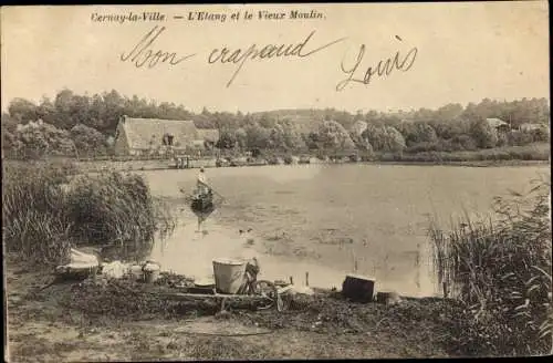 Ak Cernay la Ville Yvelines, Etang et le Vieux Moulin, lavoir, peche