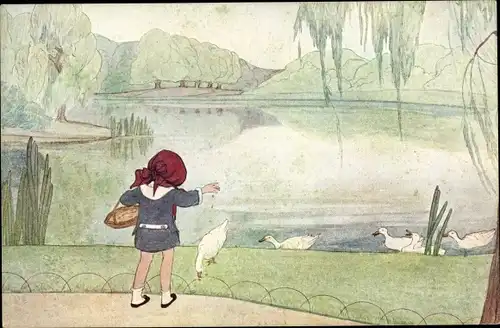 Künstler Ak Feeding the ducks, Mädchen füttert Enten