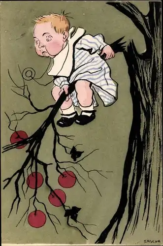 Künstler Ak Junge auf einem Apfelbaum, Ast bricht ab